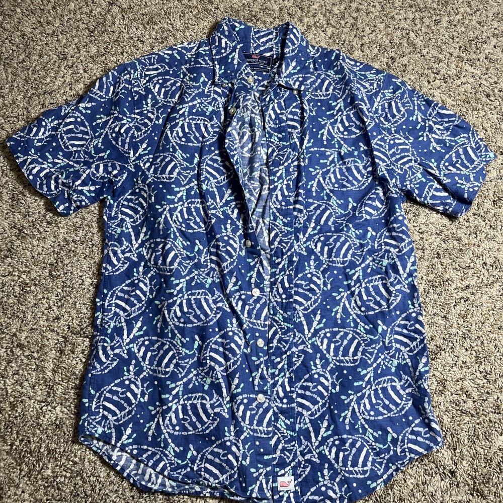 Vineyard Vines Murray Shirt Men's Small Blue Fish Print Linen Cotton Classic Fit